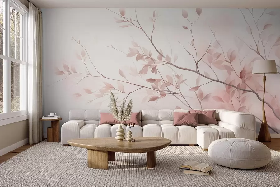 wall murals Delicate branches with soft pink leaves against a pale background, watercolor style w09910