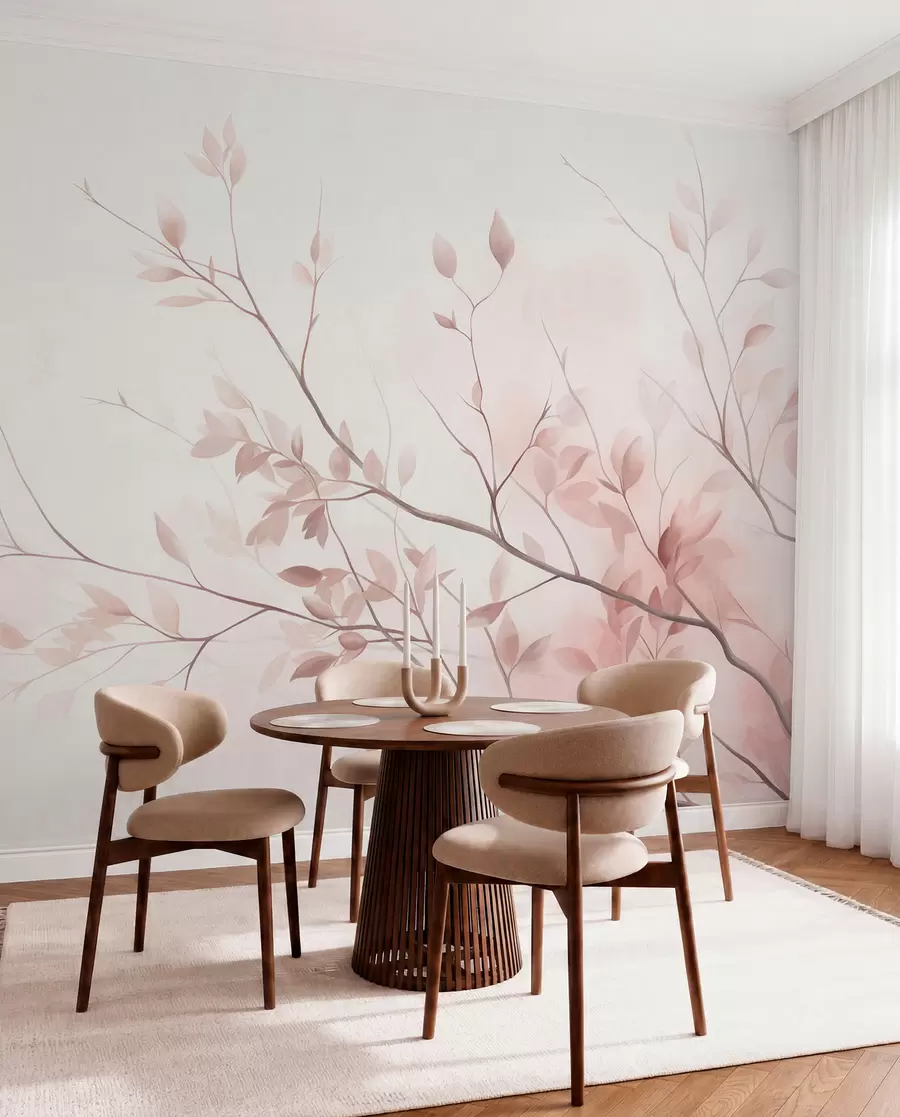 wall murals Delicate branches with soft pink leaves against a pale background, watercolor style w09910