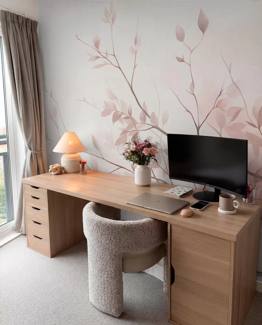 wall murals Delicate branches with soft pink leaves against a pale background, watercolor style w09910