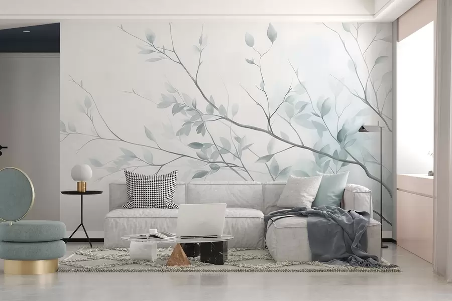wall murals Delicate branches with soft pink leaves against a pale background, watercolor style w09910v1