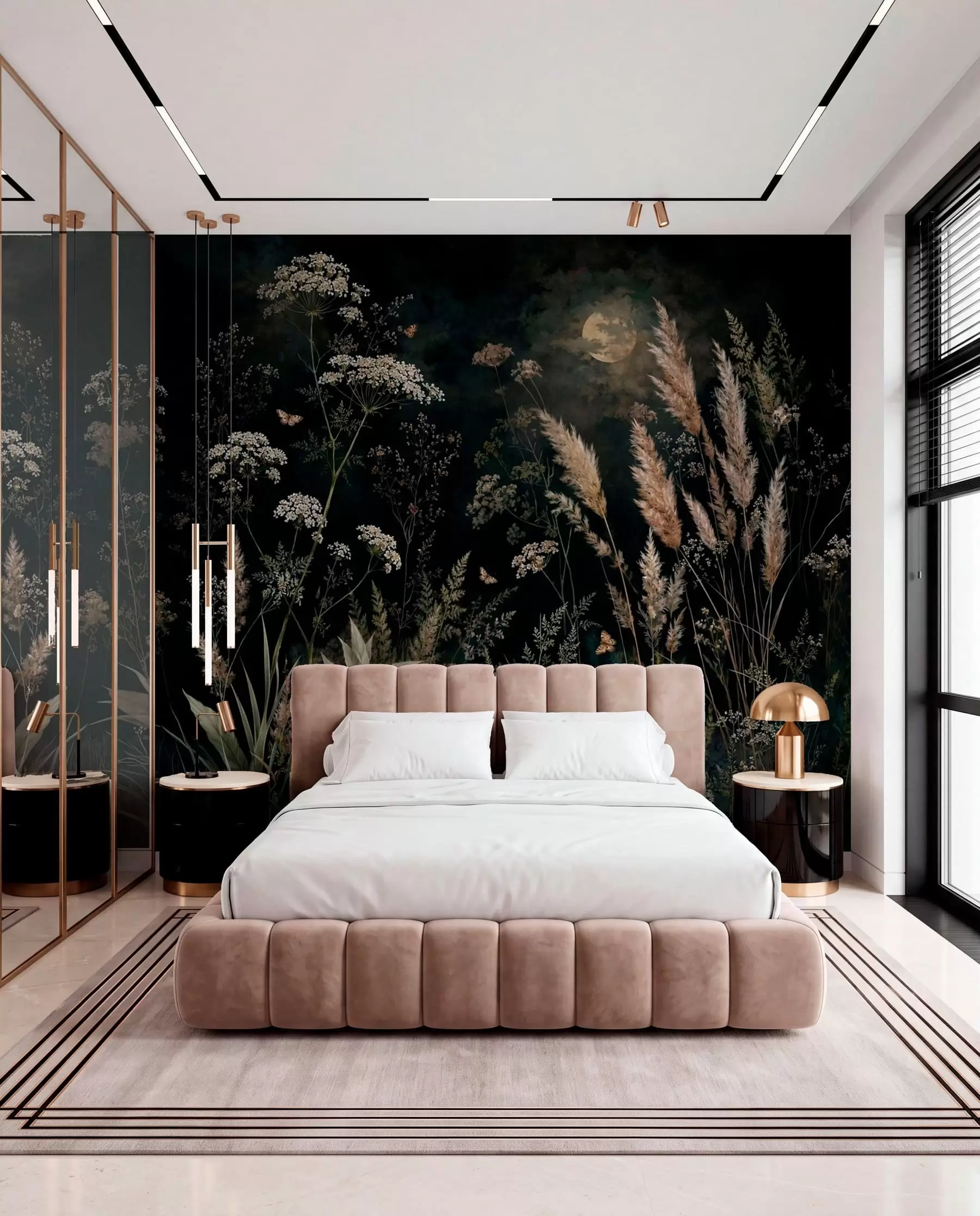 wall murals Moonlit meadow with wild grasses and flowers w05701