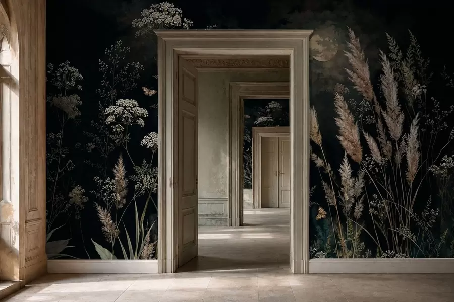 wall murals Moonlit meadow with wild grasses and flowers w05701