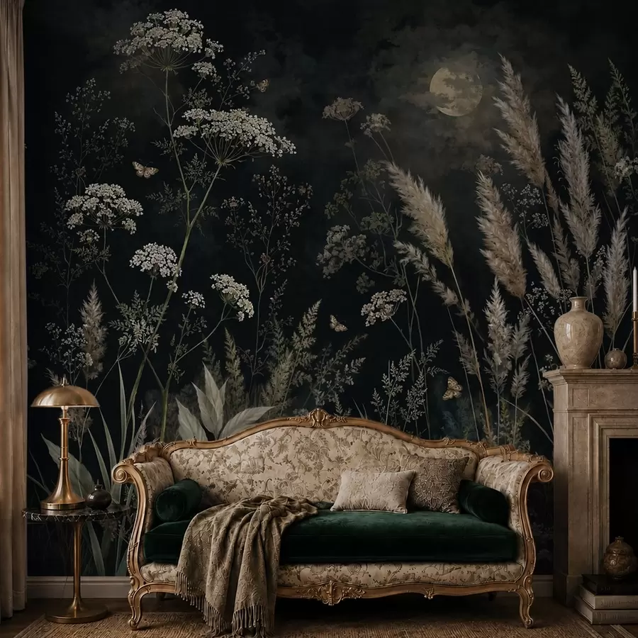 wall murals Moonlit meadow with wild grasses and flowers w05701