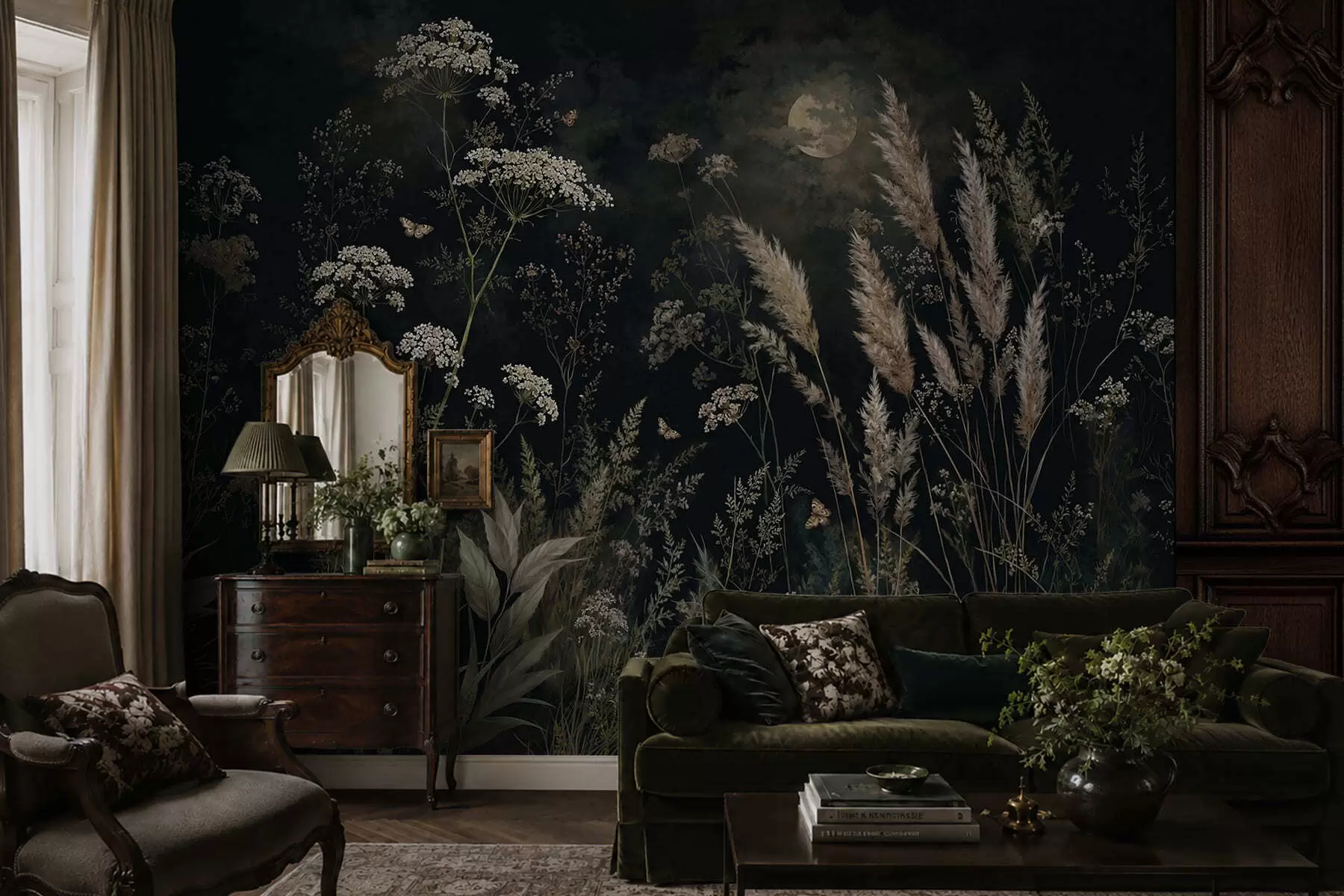 wall murals Moonlit meadow with wild grasses and flowers w05701