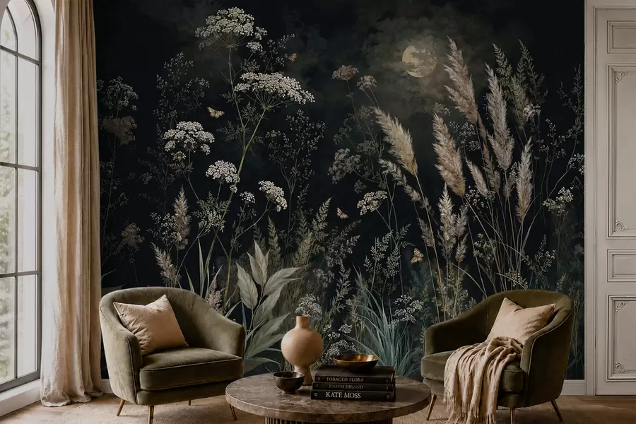 wall murals Moonlit meadow with wild grasses and flowers w05701