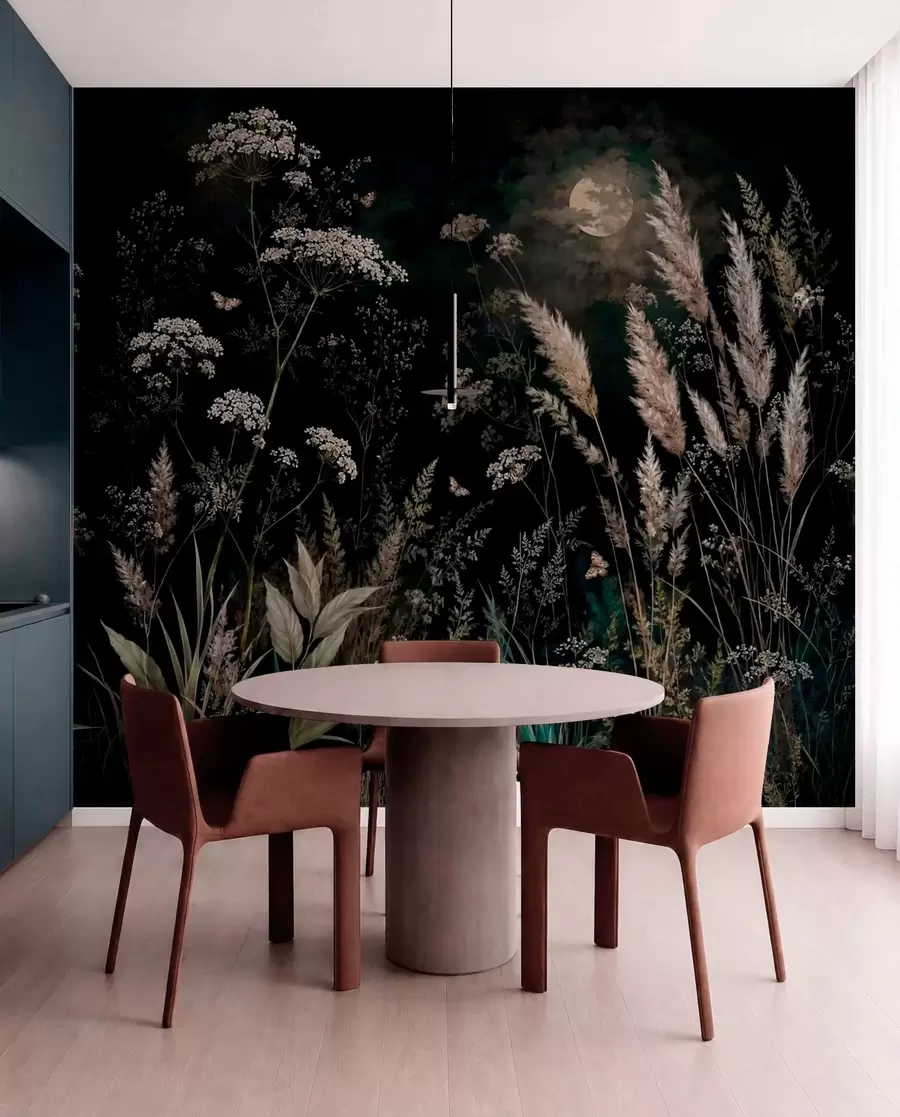 wall murals Moonlit meadow with wild grasses and flowers w05701