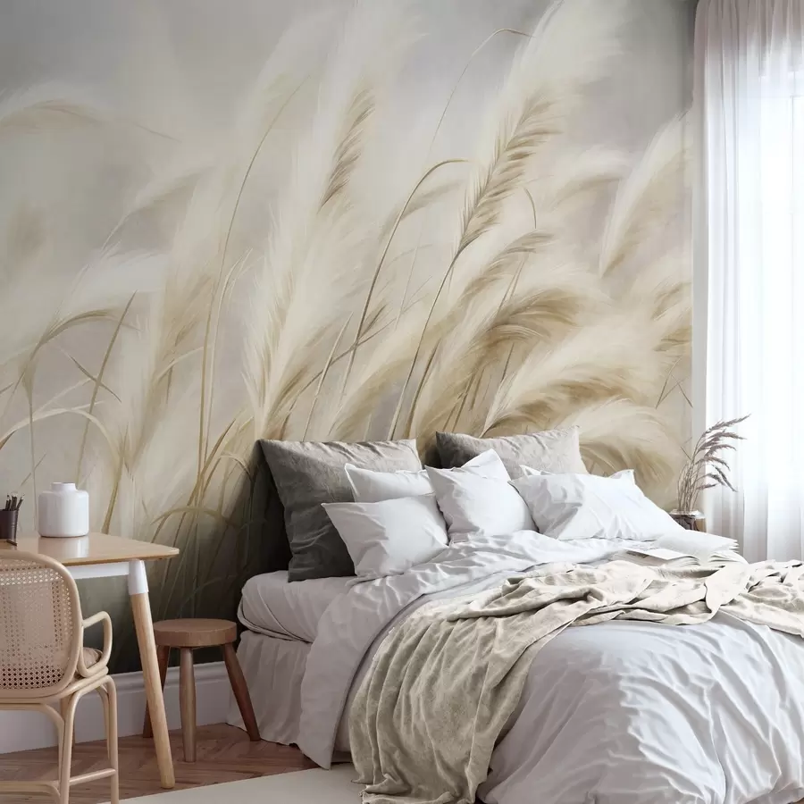 wall murals Tall pampas grass swaying gently in the wind against a soft, muted background, textured art w09825
