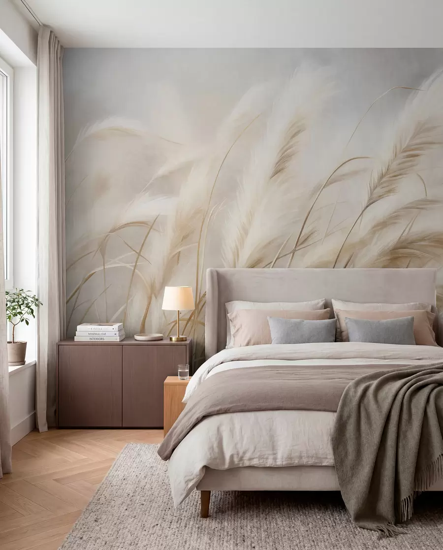 wall murals Tall pampas grass swaying gently in the wind against a soft, muted background, textured art w09825