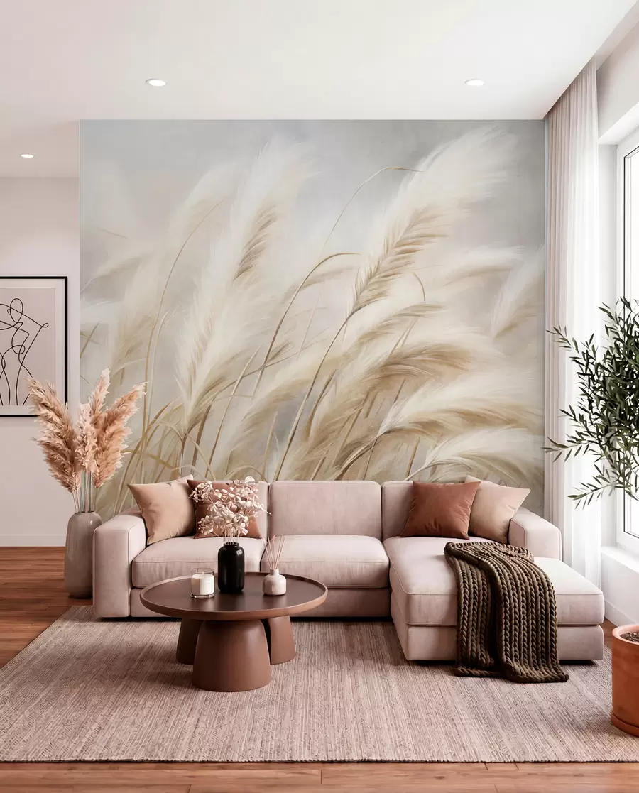 wall murals Tall pampas grass swaying gently in the wind against a soft, muted background, textured art w09825