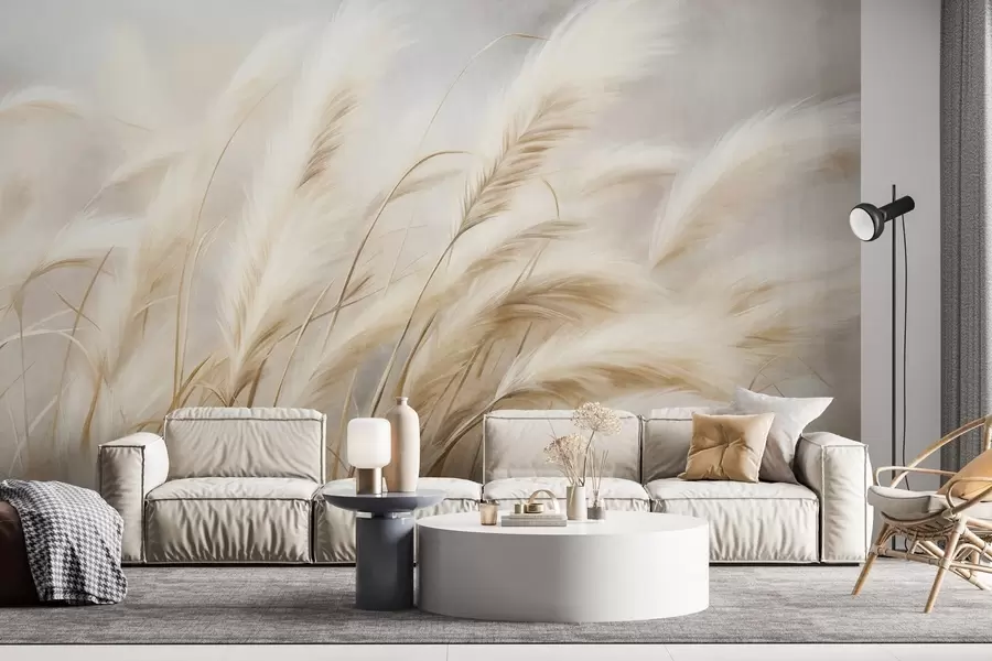 wall murals Tall pampas grass swaying gently in the wind against a soft, muted background, textured art w09825