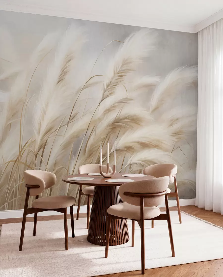 wall murals Tall pampas grass swaying gently in the wind against a soft, muted background, textured art w09825