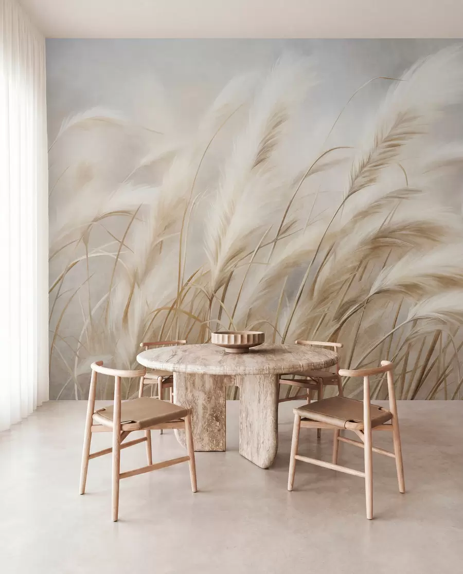 wall murals Tall pampas grass swaying gently in the wind against a soft, muted background, textured art w09825