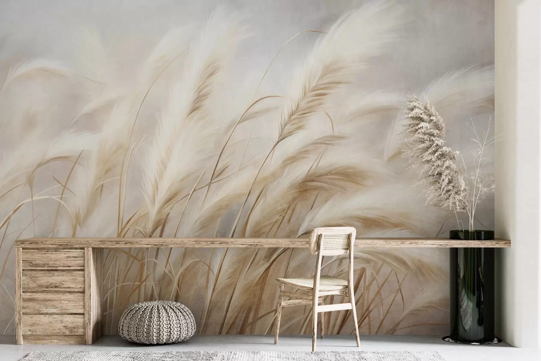 wall murals Tall pampas grass swaying gently in the wind against a soft, muted background, textured art w09825