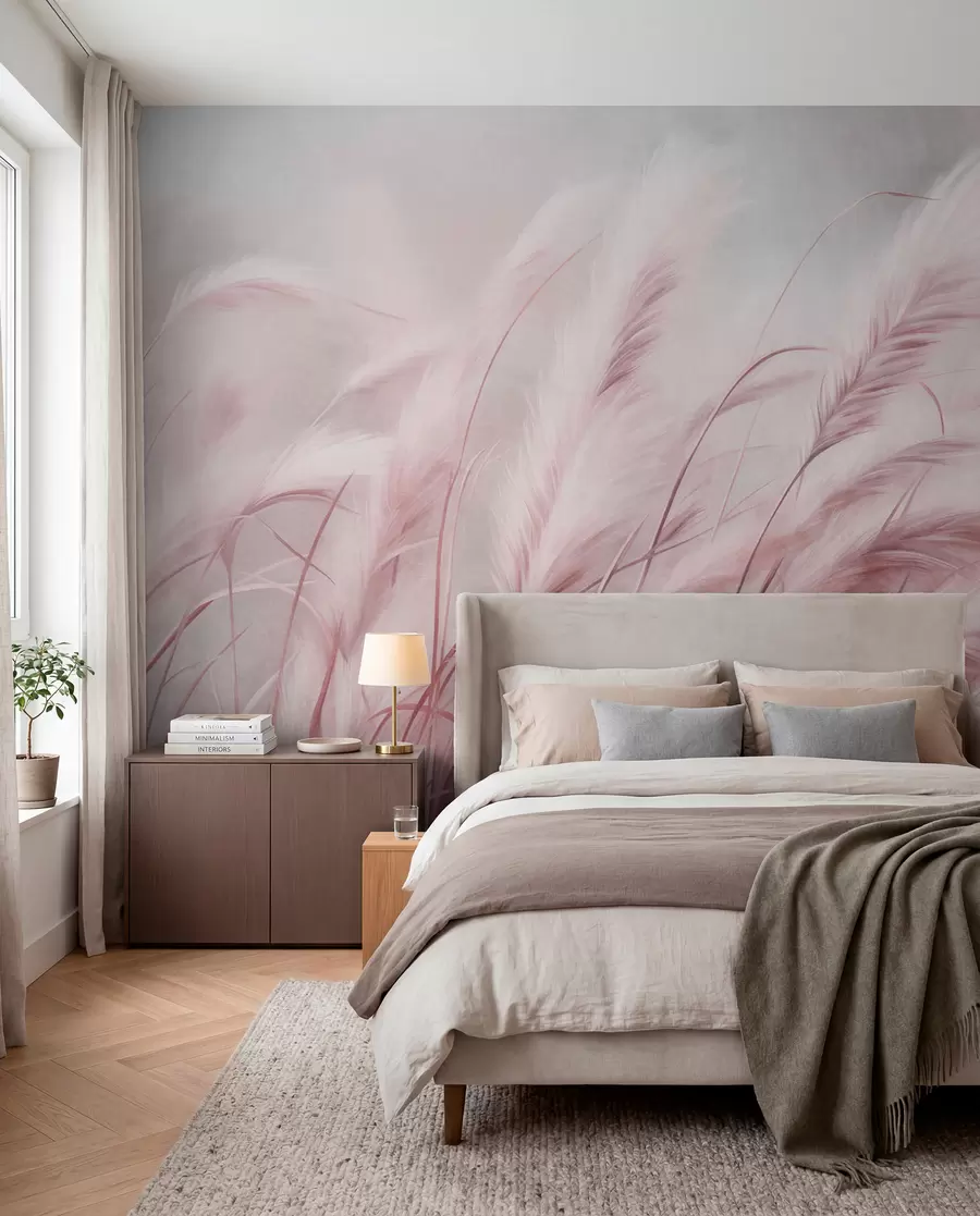 wall murals Tall pampas grass swaying gently in the wind against a soft, muted background, textured art w09825v1