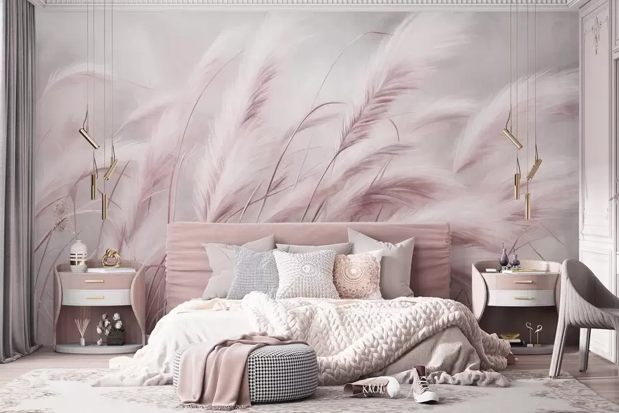 wall murals Tall pampas grass swaying gently in the wind against a soft, muted background, textured art w09825v1