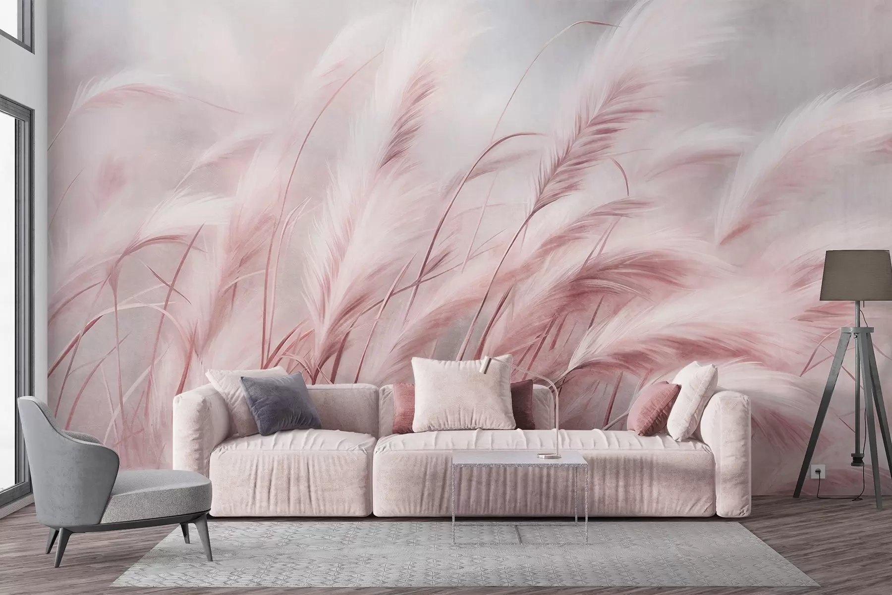 wall murals Tall pampas grass swaying gently in the wind against a soft, muted background, textured art w09825v1