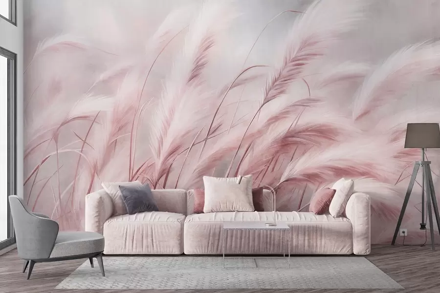 wall murals Tall pampas grass swaying gently in the wind against a soft, muted background, textured art w09825v1