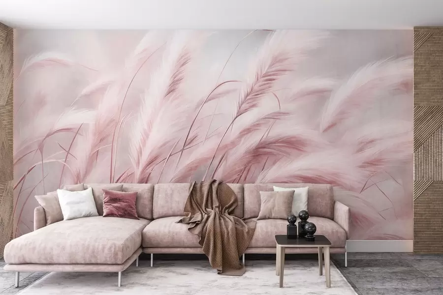 wall murals Tall pampas grass swaying gently in the wind against a soft, muted background, textured art w09825v1