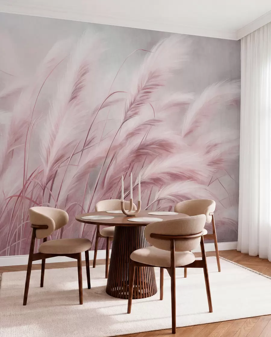 wall murals Tall pampas grass swaying gently in the wind against a soft, muted background, textured art w09825v1