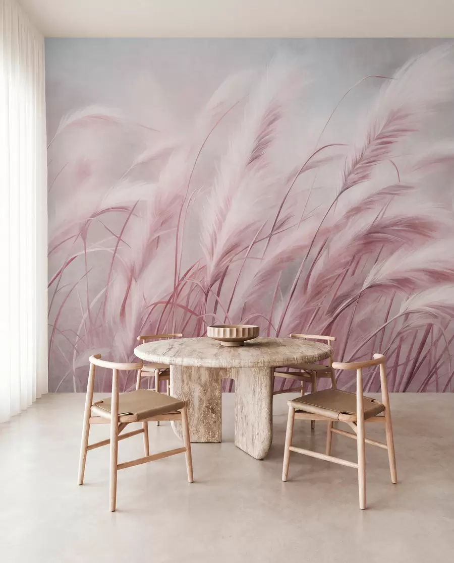 wall murals Tall pampas grass swaying gently in the wind against a soft, muted background, textured art w09825v1