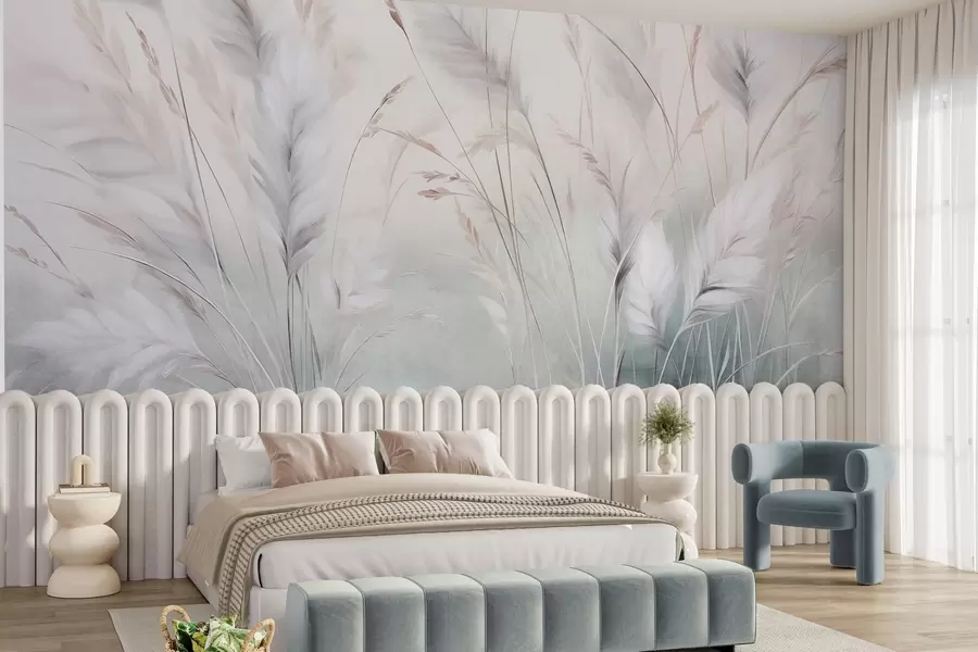 wall murals Tall, feathery grass sway gently against a soft, muted background, delicate natural art w09831