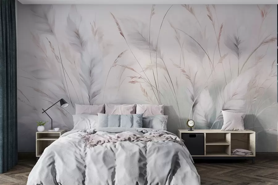 wall murals Tall, feathery grass sway gently against a soft, muted background, delicate natural art w09831