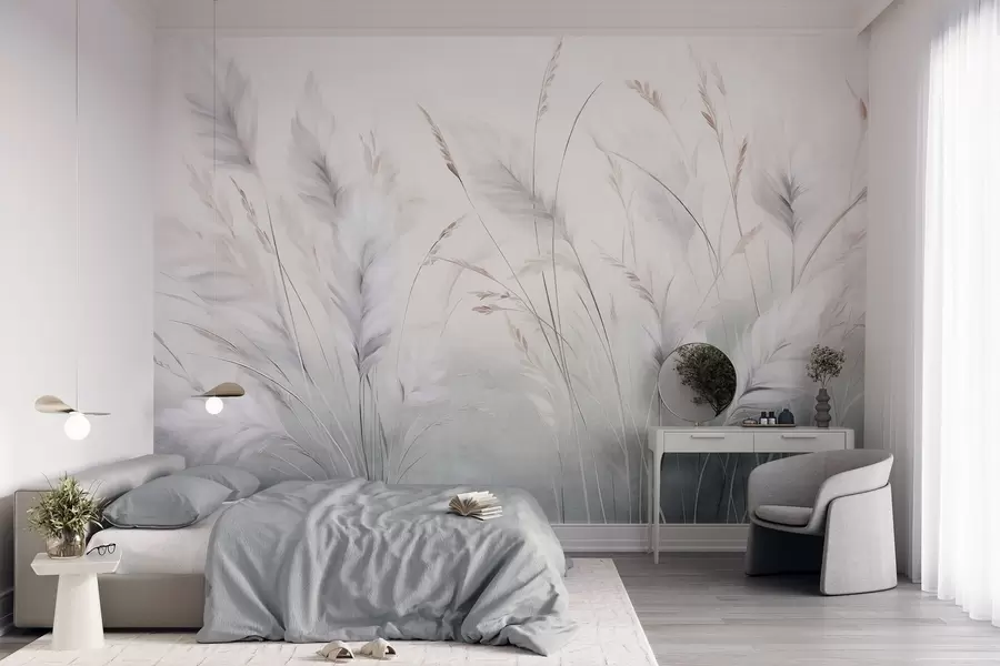 wall murals Tall, feathery grass sway gently against a soft, muted background, delicate natural art w09831