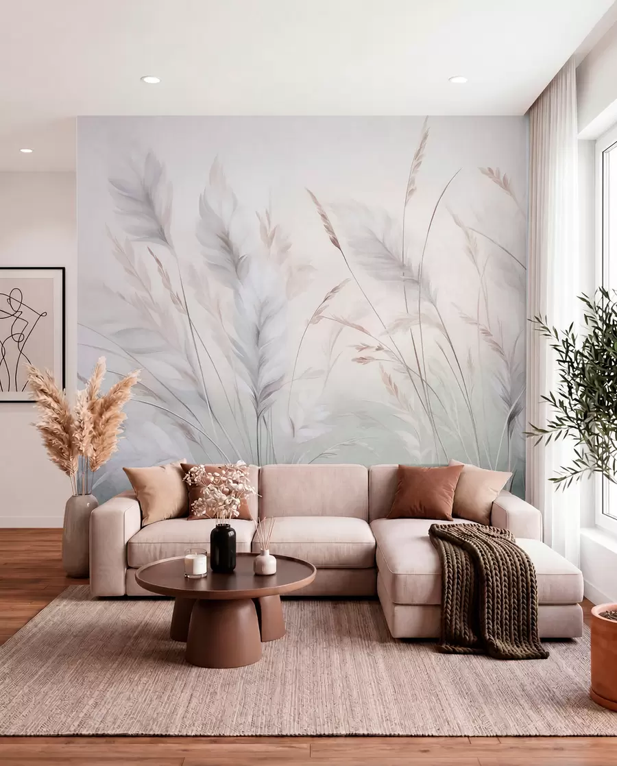 wall murals Tall, feathery grass sway gently against a soft, muted background, delicate natural art w09831