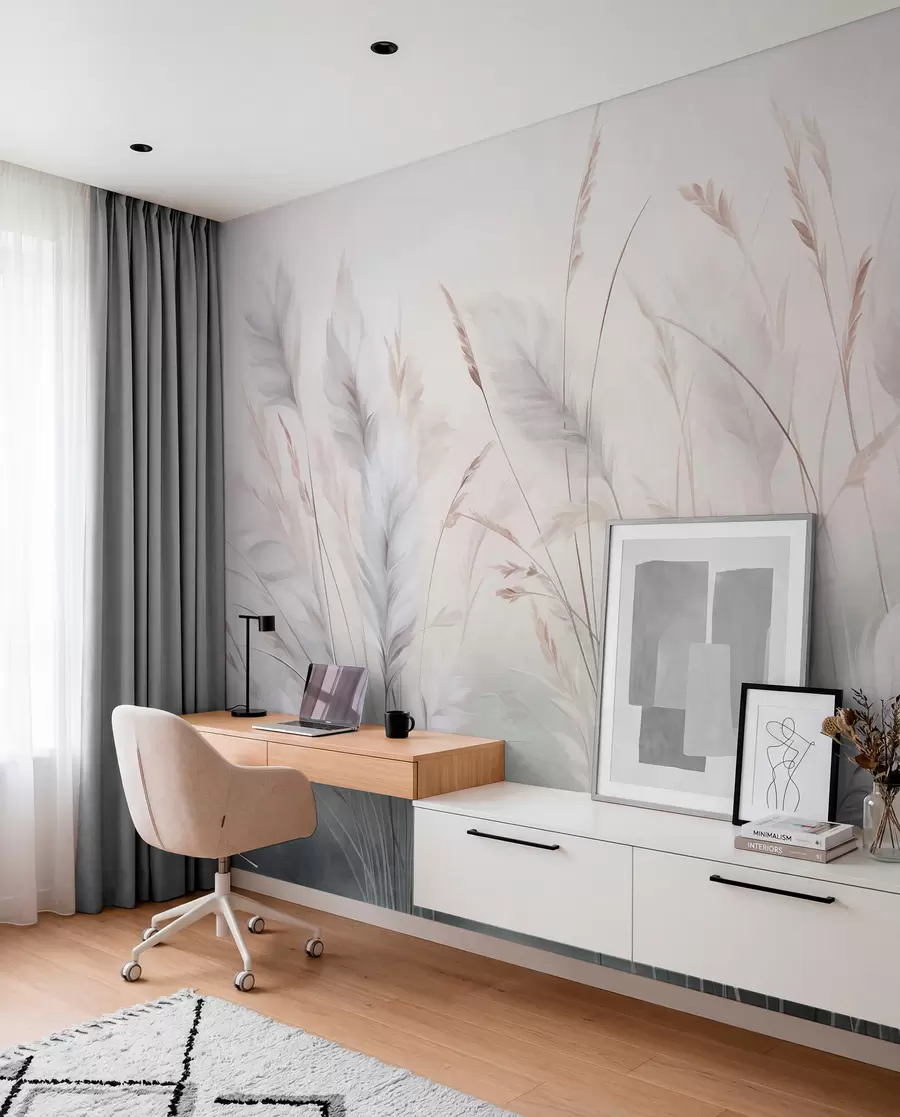 wall murals Tall, feathery grass sway gently against a soft, muted background, delicate natural art w09831