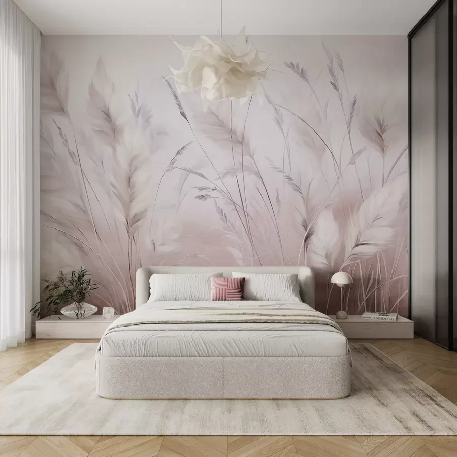 wall murals Tall, feathery grass sway gently against a soft, muted background, delicate natural art w09831v1