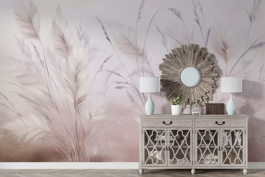 wall murals Tall, feathery grass sway gently against a soft, muted background, delicate natural art w09831v1