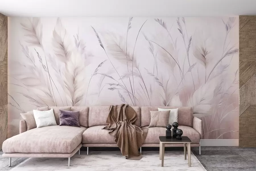 wall murals Tall, feathery grass sway gently against a soft, muted background, delicate natural art w09831v1
