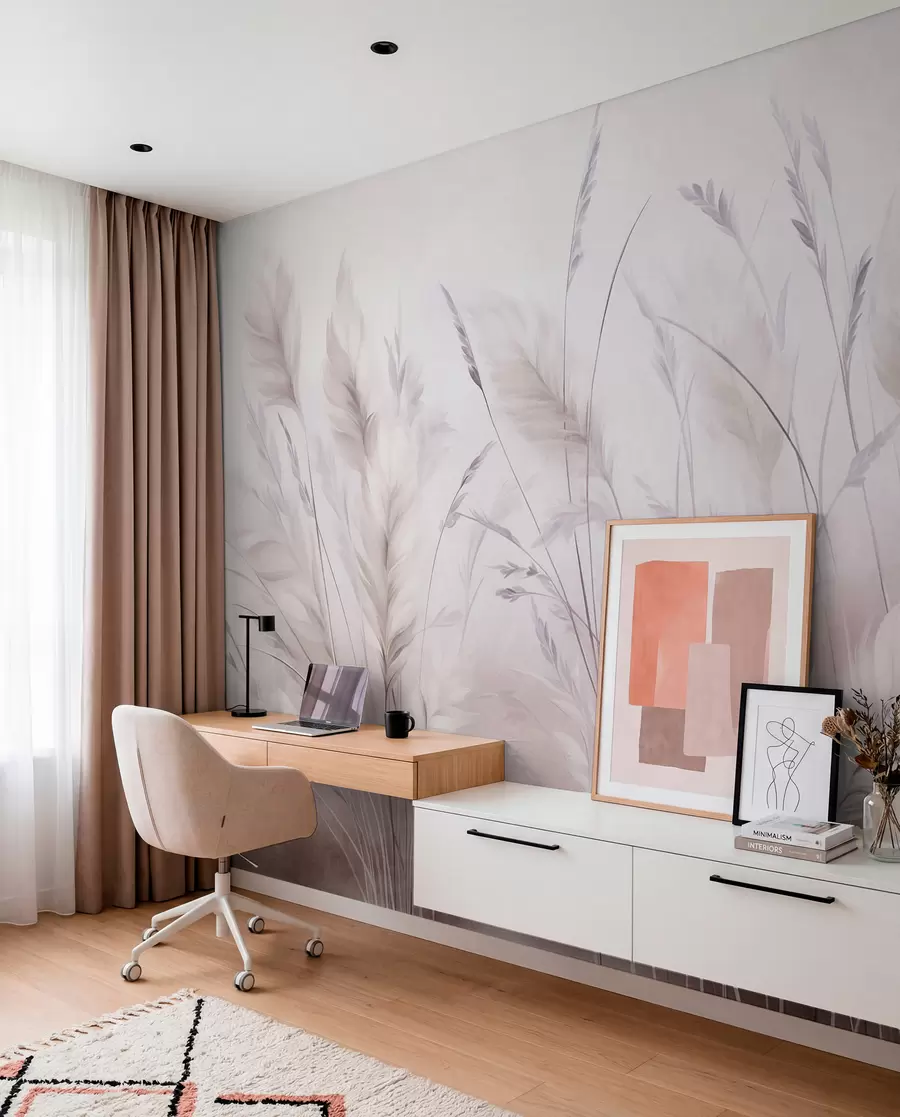 wall murals Tall, feathery grass sway gently against a soft, muted background, delicate natural art w09831v1