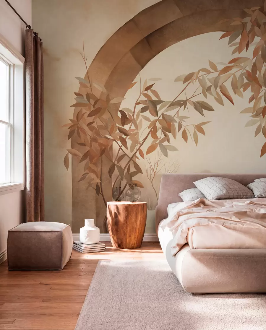 wall murals An arch with a landscape, trees and foliage in muted autumnal colors, textured art w09907