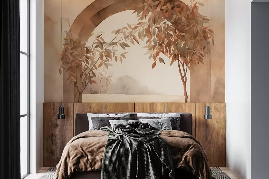 wall murals An arch with a landscape, trees and foliage in muted autumnal colors, textured art w09907