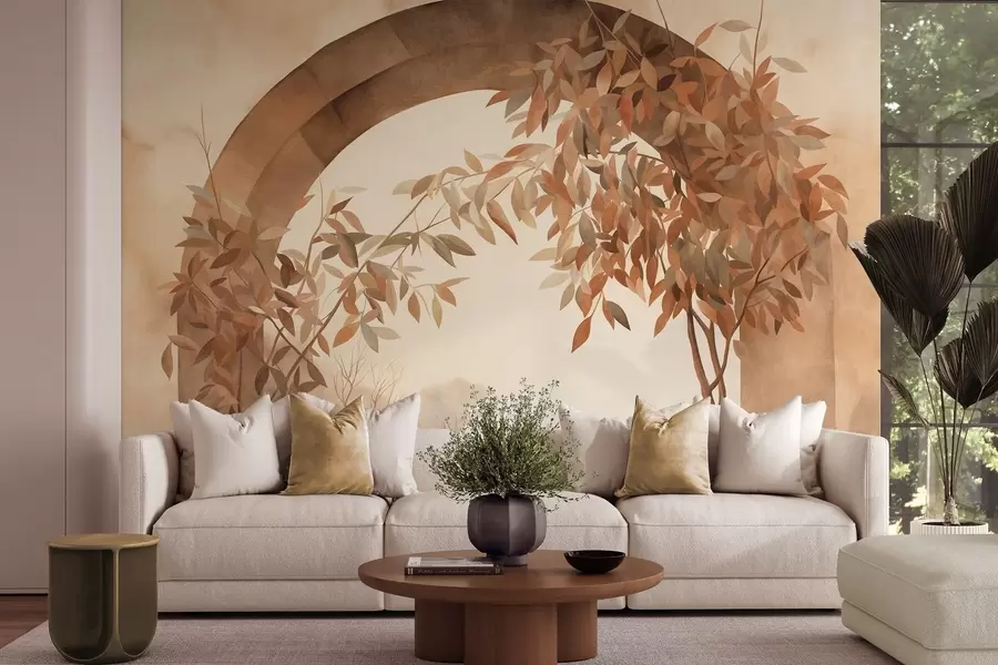 wall murals An arch with a landscape, trees and foliage in muted autumnal colors, textured art w09907