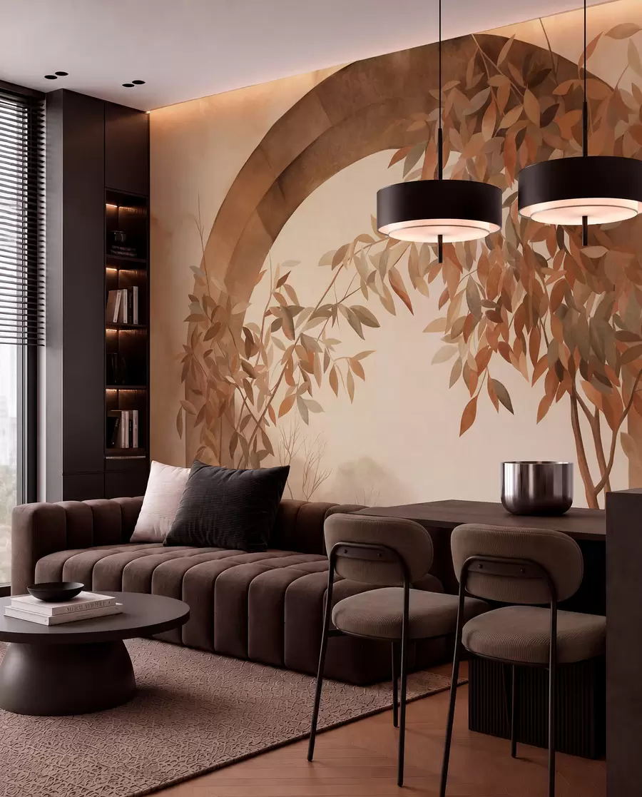 wall murals An arch with a landscape, trees and foliage in muted autumnal colors, textured art w09907