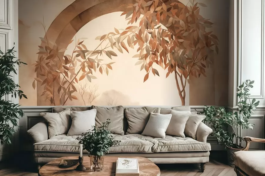 wall murals An arch with a landscape, trees and foliage in muted autumnal colors, textured art w09907