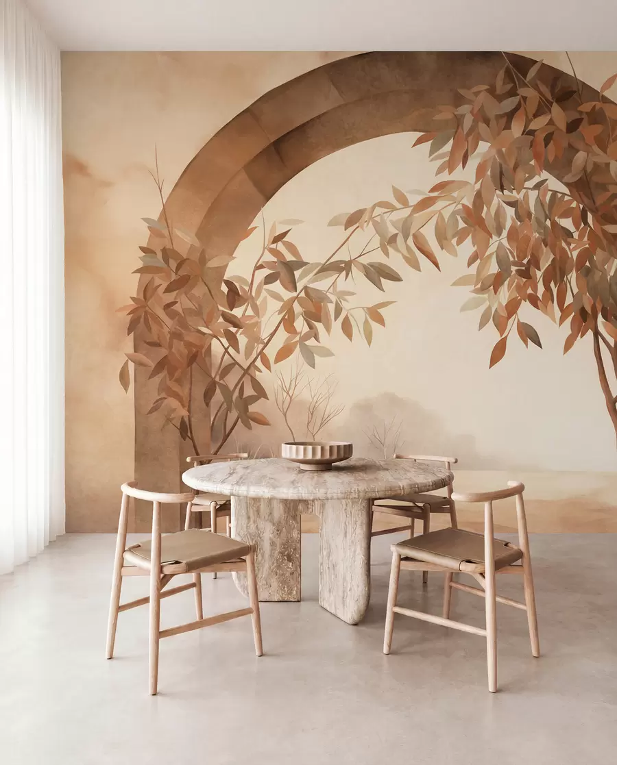 wall murals An arch with a landscape, trees and foliage in muted autumnal colors, textured art w09907