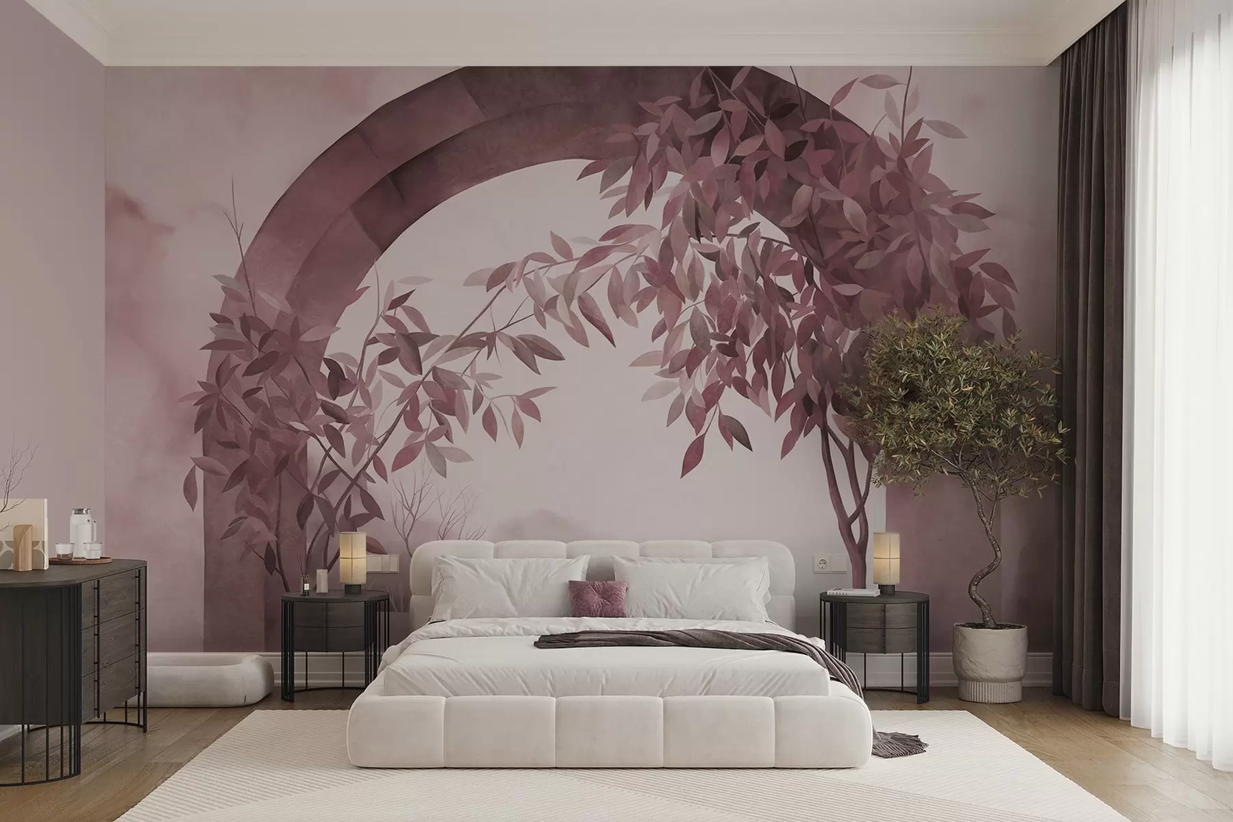 wall murals An arch with a landscape, trees and foliage in muted pink and gray colors, textured art w09907v1