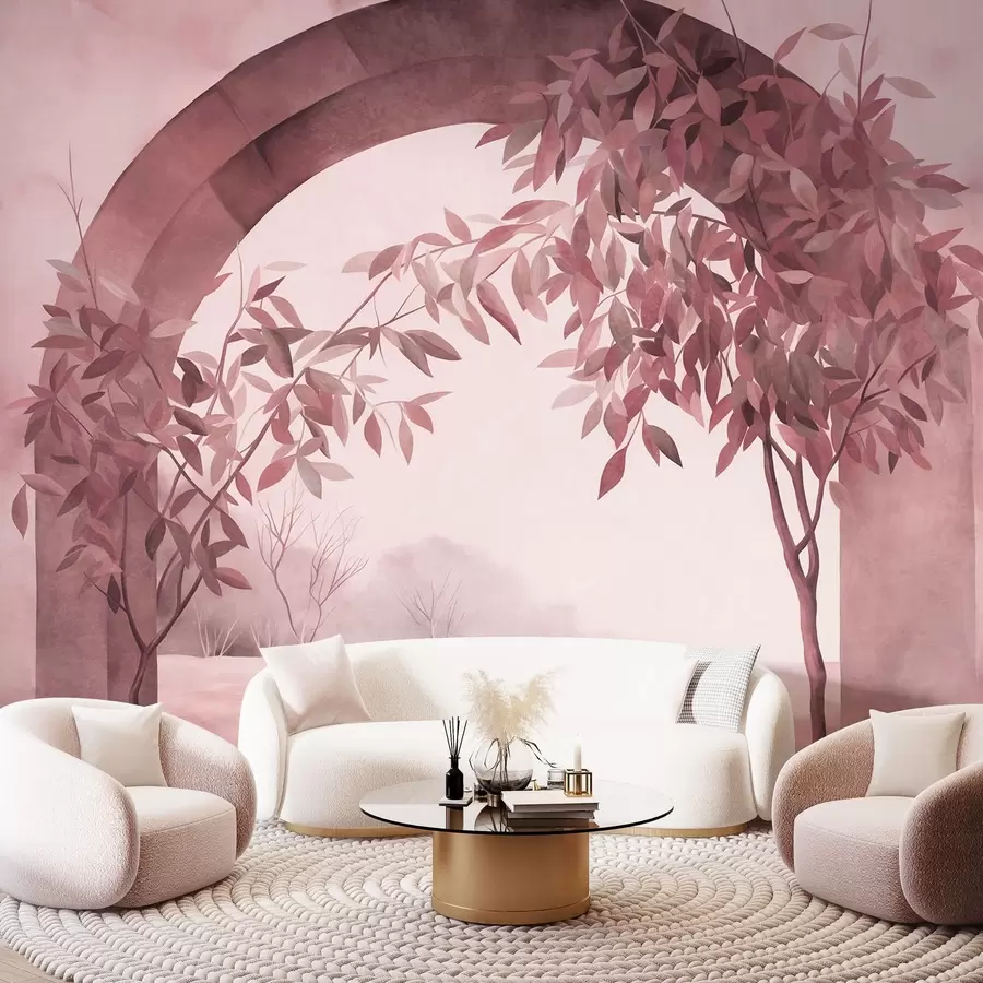 wall murals An arch with a landscape, trees and foliage in muted pink and gray colors, textured art w09907v1