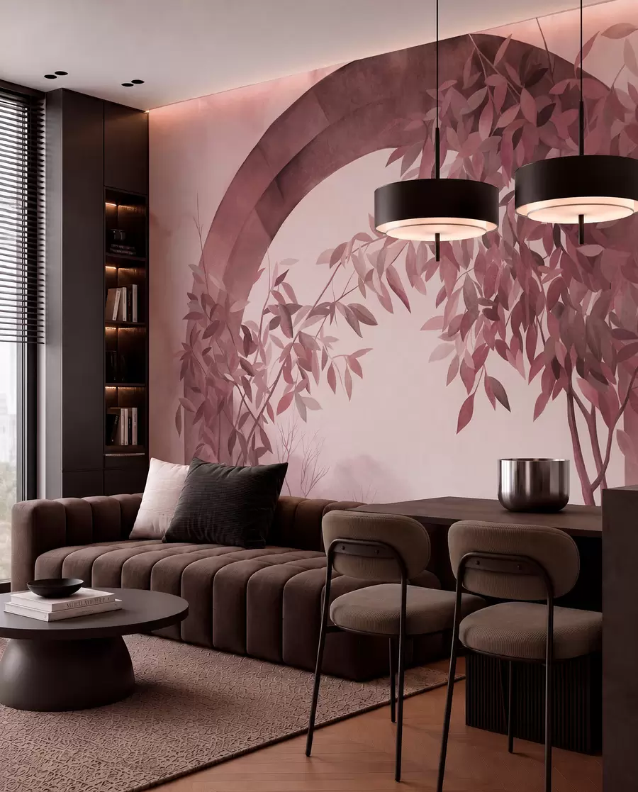 wall murals An arch with a landscape, trees and foliage in muted pink and gray colors, textured art w09907v1