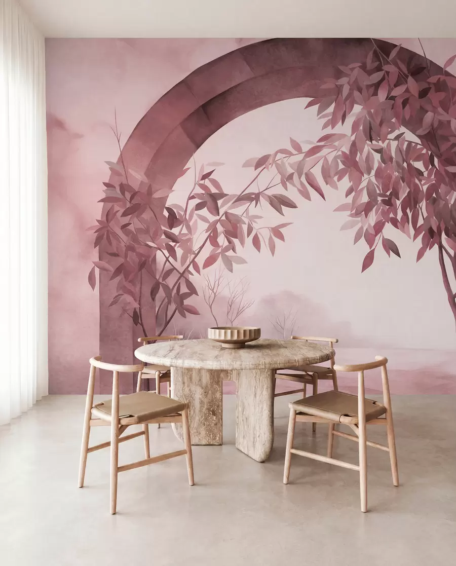 wall murals An arch with a landscape, trees and foliage in muted pink and gray colors, textured art w09907v1