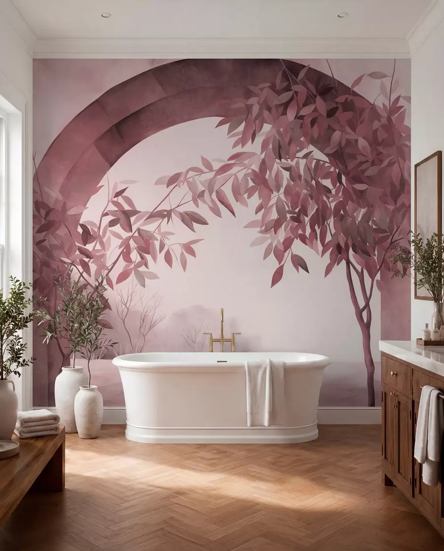 wall murals An arch with a landscape, trees and foliage in muted pink and gray colors, textured art w09907v1