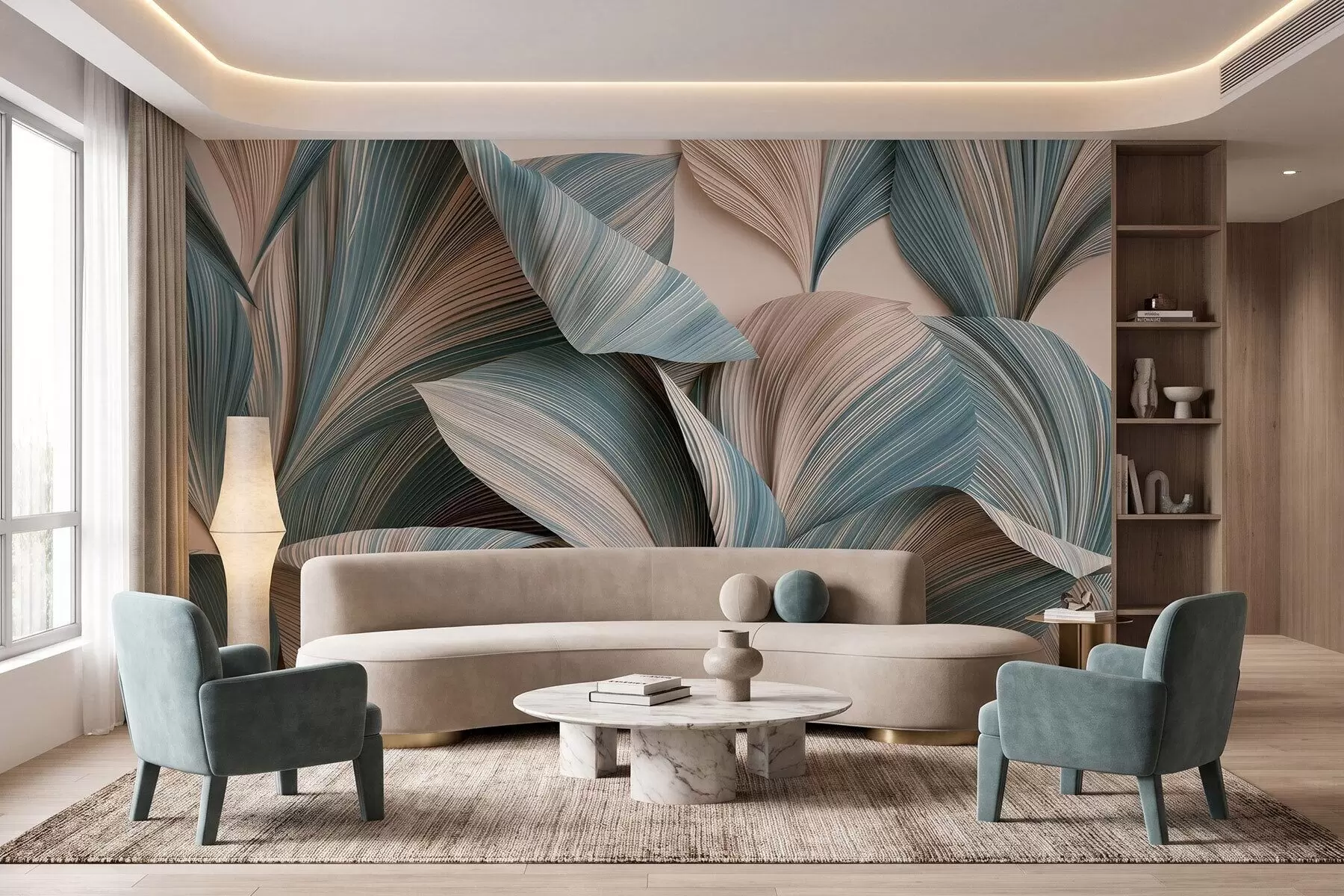 wall murals Volumetric tropical leaves in calm beige and blue tones w09914