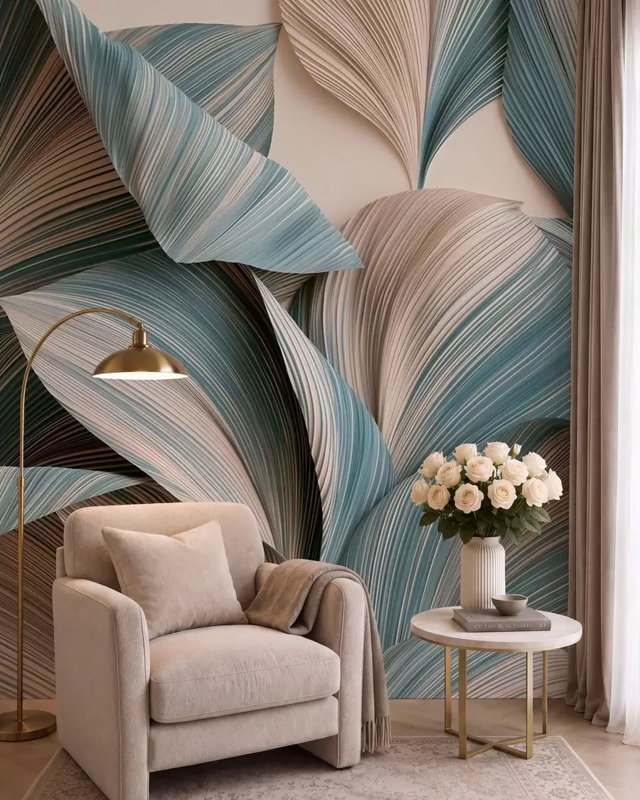 wall murals Volumetric tropical leaves in calm beige and blue tones w09914