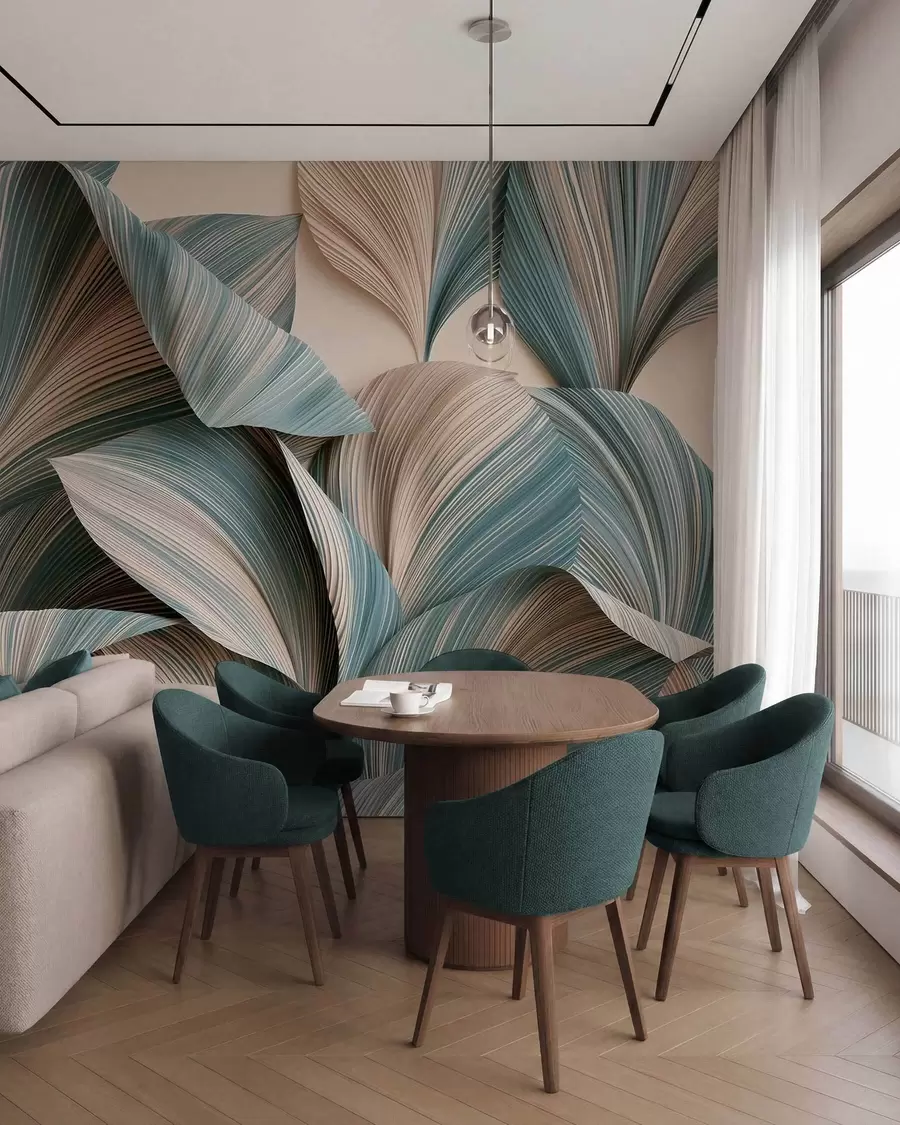 wall murals Volumetric tropical leaves in calm beige and blue tones w09914