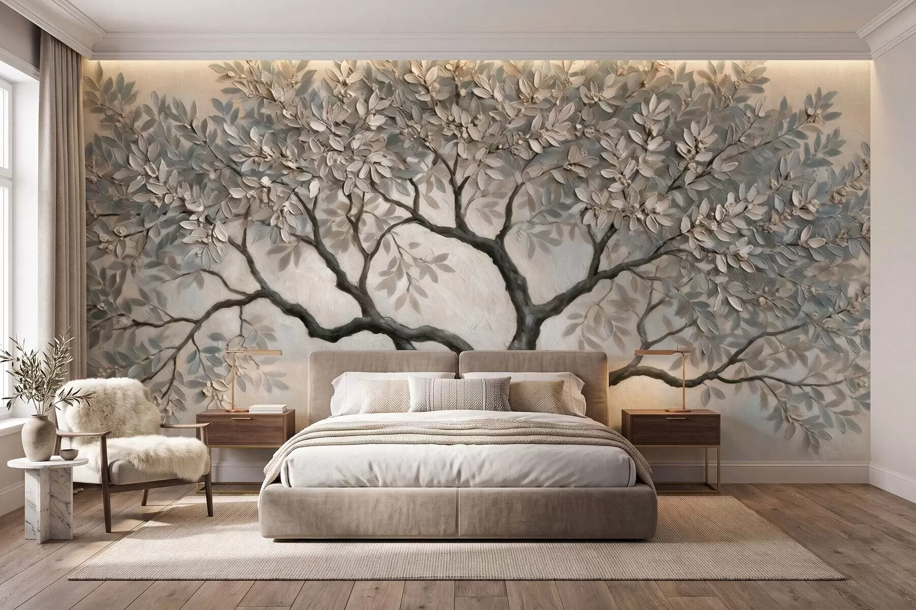 wall murals Tree in oil painting style in calm natural gray-beige tones w09919