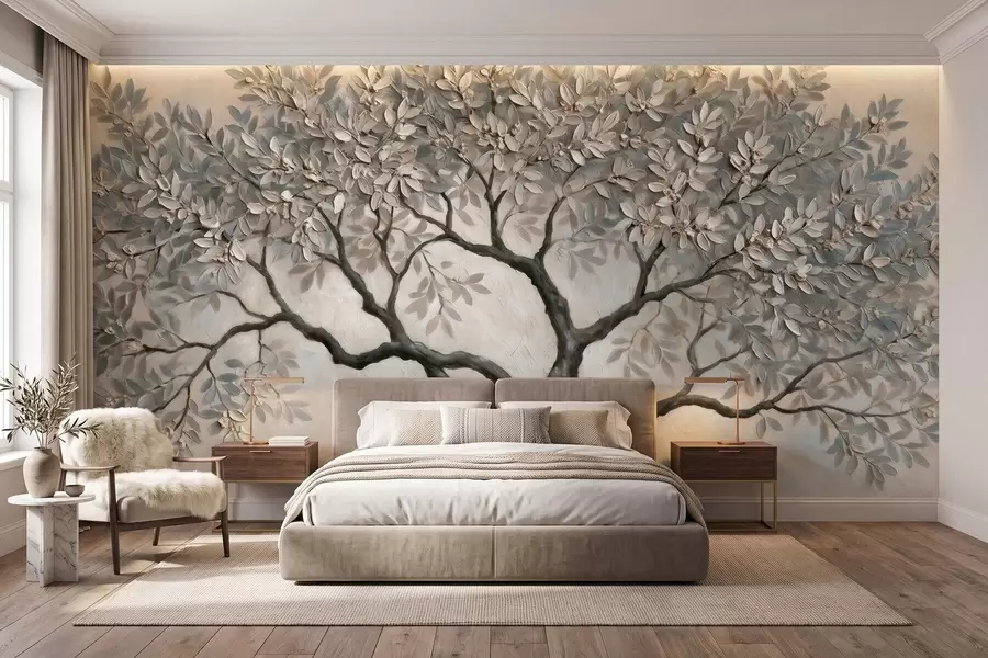 wall murals Tree in oil painting style in calm natural gray-beige tones w09919