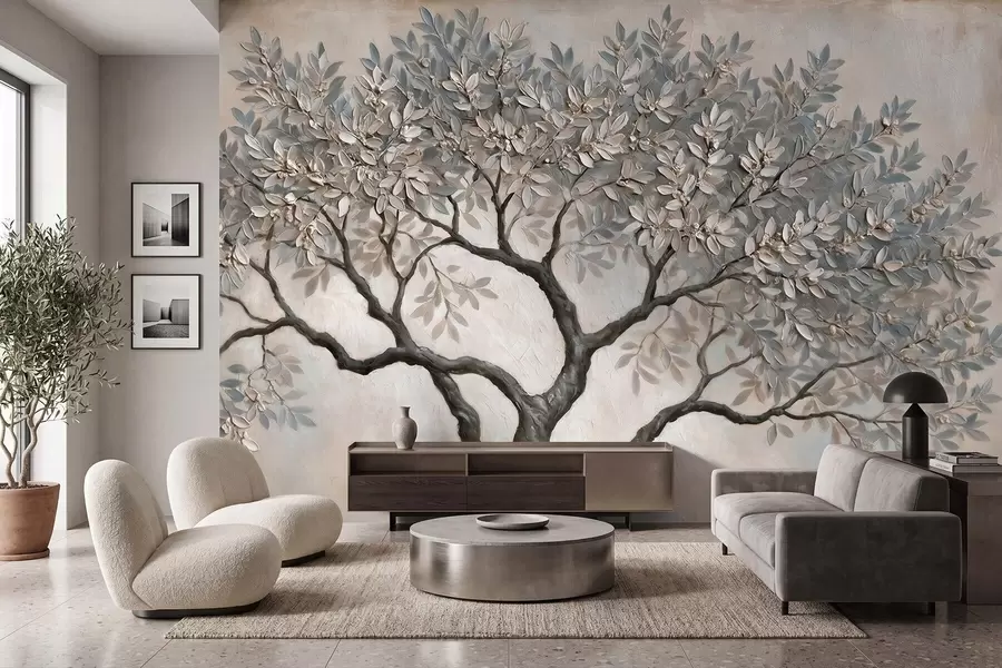 wall murals Tree in oil painting style in calm natural gray-beige tones w09919
